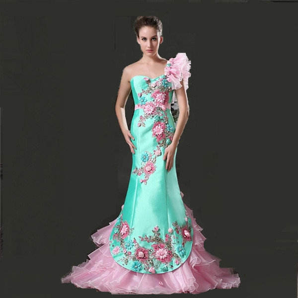 Chic Turquoise Pink Mermaid Women Formal Dress With Flowers One Shoulder 2 Tones Satin Organza Mermaid Evening Gown Custom Made