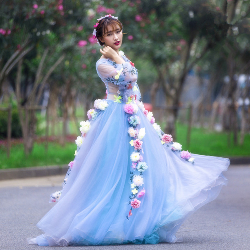 Blue Tulle Sheer Wedding Dress With Colorful Flowers Floor Length Long Sleeves Women Formal Gown Dress Custom Made