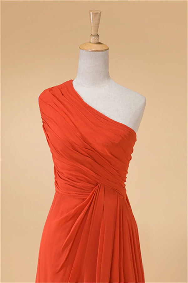 Orange One Shoulder Bridesmaid Dress A Line Pleated Chiffon Long Women Wedding Party Dress Formal Gown Custom Made