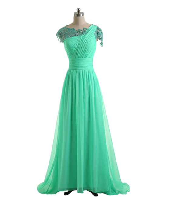 Long Green Chiffon Lace Bridesmaid Dress A Line Cap Sleeves Women Wedding Party Dress Formal Gown Custom Made