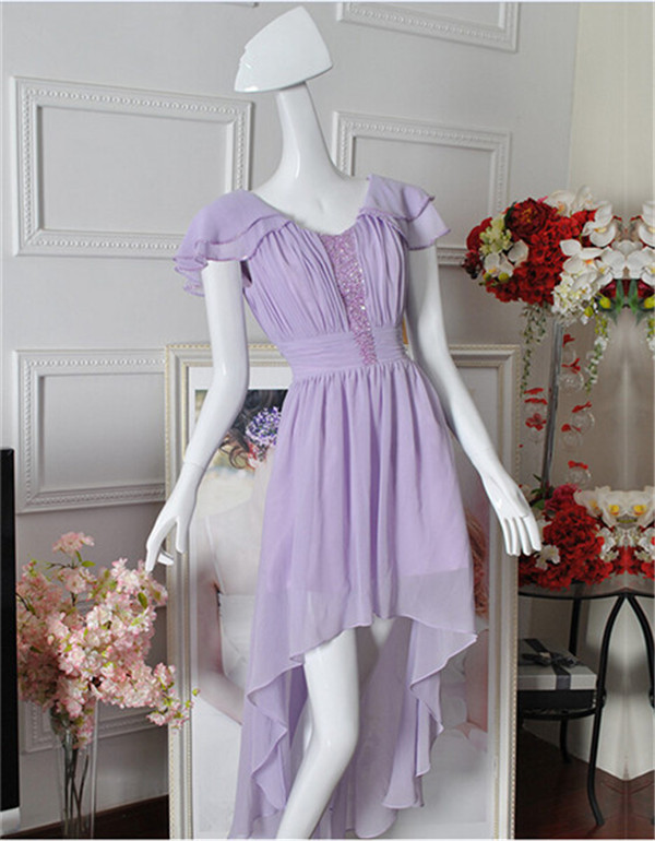 Dipped Hem Lilac Bridesmaid Dress With Beads Cap Sleeves High Low Chiffon Women Wedding Party Dress Custom Made