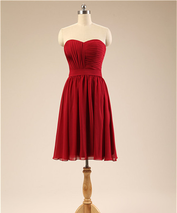 Dark Red Short Bridesmaid Dress Pleated Top Knee Length Chiffon Women Wedding Party Dress Custom Made