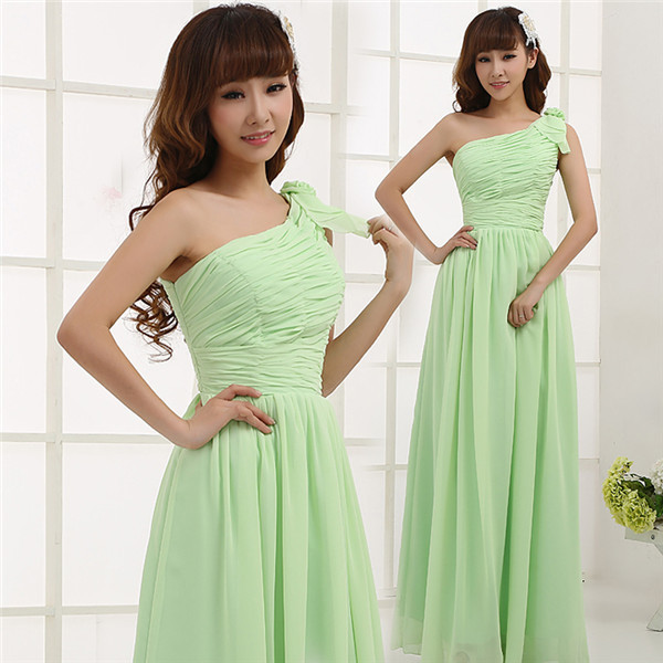 Long Mint Green Bridesmaid Dress One Shoulder A Line Pleated Chiffon Women Formal Gown For Weddings Custom Made