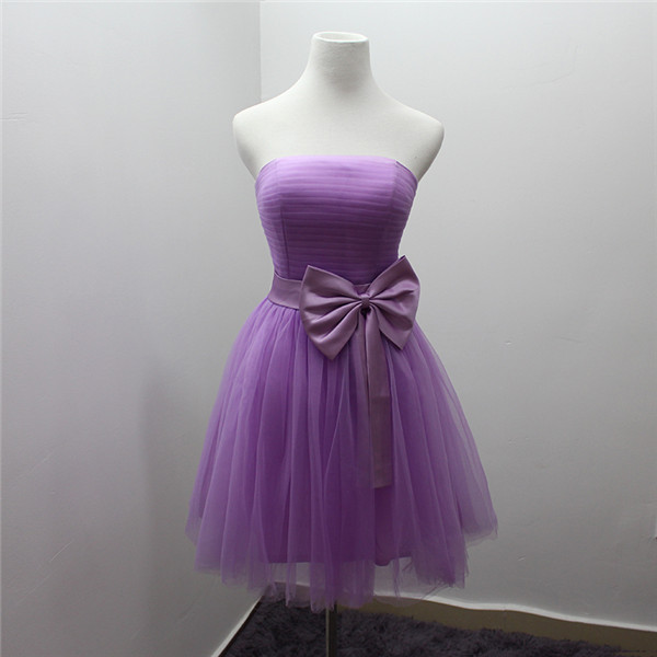 Short Purple Bridesmaid Dress With Bow Strapless Pleated Tulle Women Wedding Party Dress Semi Formal Dress Custom Made