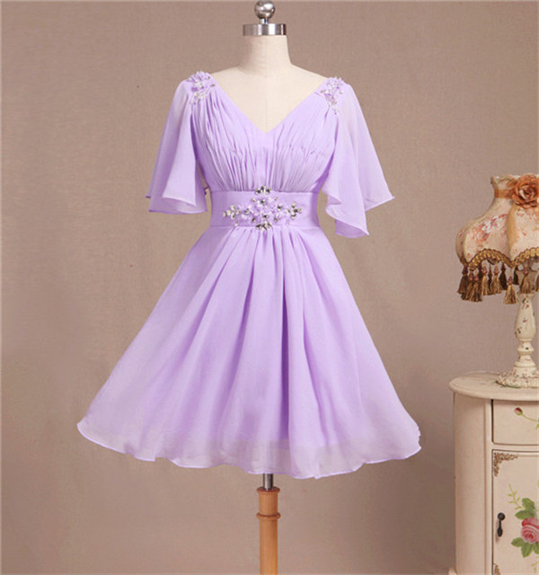 Lilac Short Bridesmaid Dress With Short Sleeves V Neck Beaded Chiffon Women Wedding Party Dress Custom Made