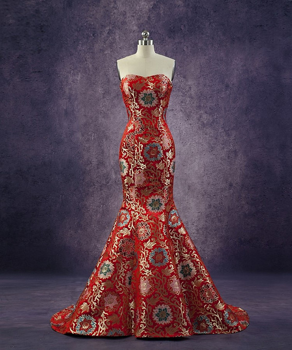 Chic China Satin Brocade Red Women Formal Dress Flower Pattern Strapless Short Tail Mermaid Evening Gown Custom Made