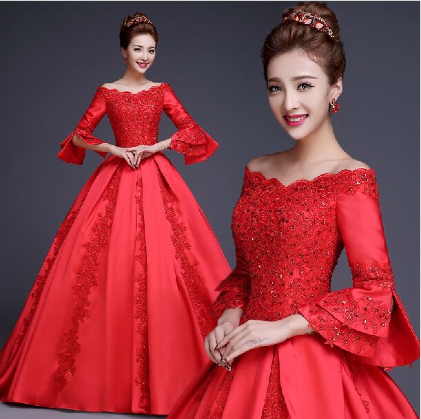 Vintage Red Wedding Dress Ball Gown With Long Sleeves Boat Neck Appliqued Satin Bride Dress Lace-up Closure