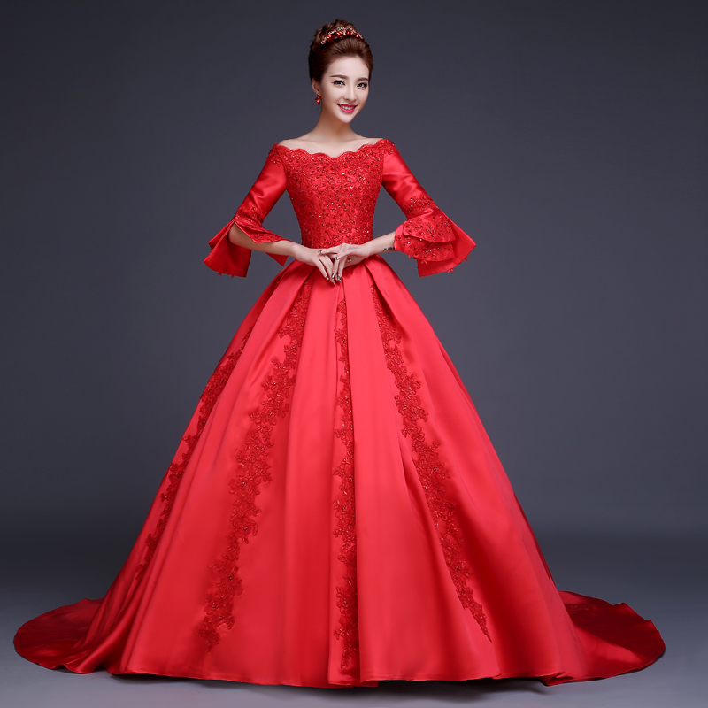 Vintage Red Wedding Dress Ball Gown With Long Sleeves Boat Neck ...