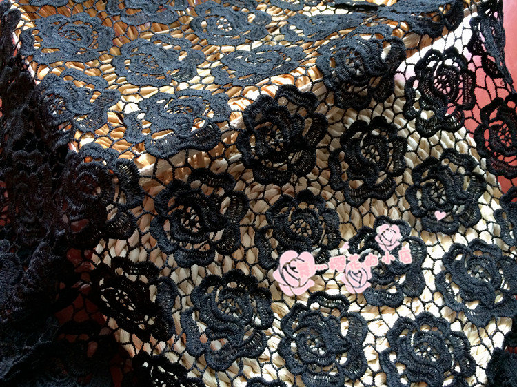 Flower Pattern Guipure Lace Black Cord Lace Fabric 47/48 Inch Width Sold At Yard