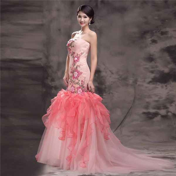 Pink Mermaid Wedding Dress With Flower Pattern Strapless Appliques ...